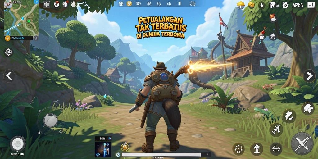 Screenshot utama menunjukkan pemain menjelajahi dunia terbuka yang menakjubkan.