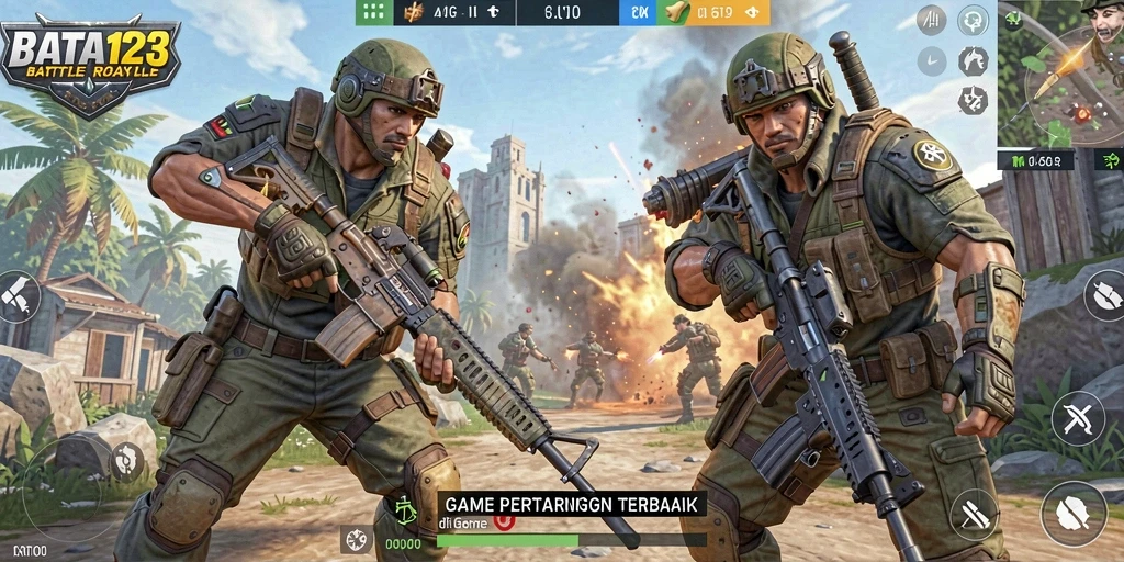 Tangkapan layar utama BATA123 menampilkan aksi pertempuran intens Battle Royale.