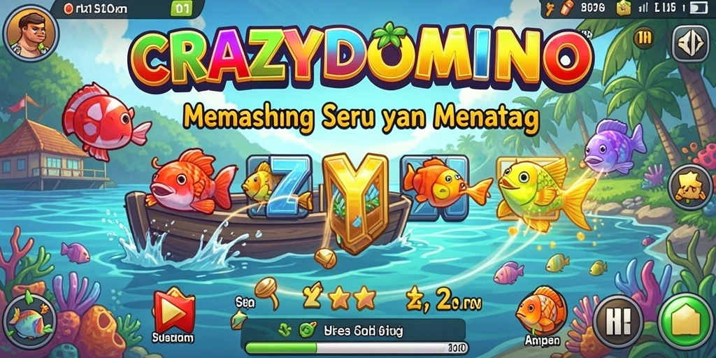 Tampilan gameplay CRAZYDOMINO yang memikat saat memancing di laut.