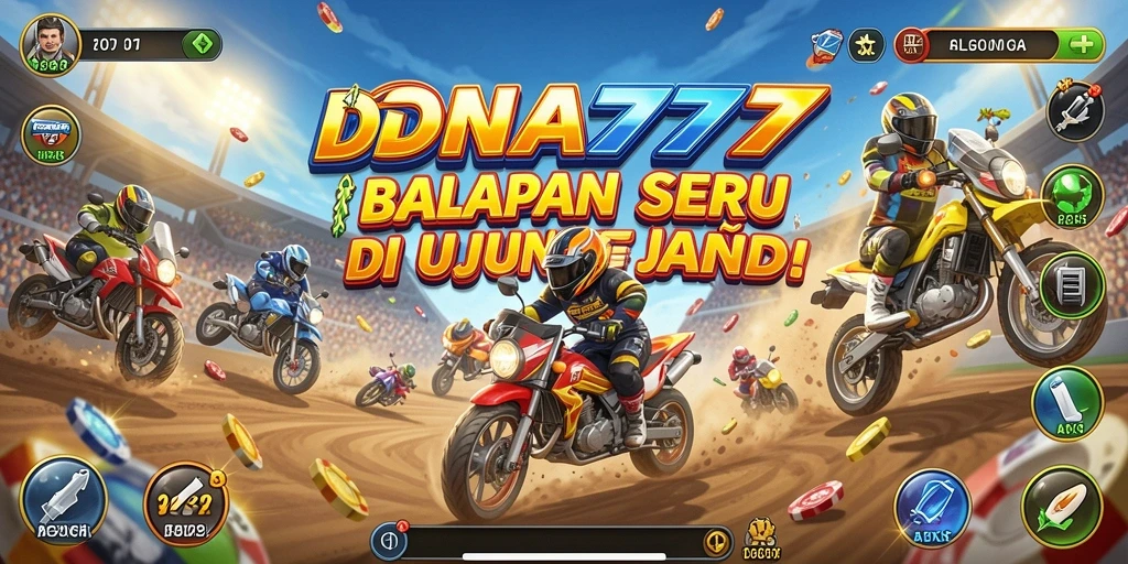 Screenshot utama menunjukkan aksi balapan seru dalam DNA777.