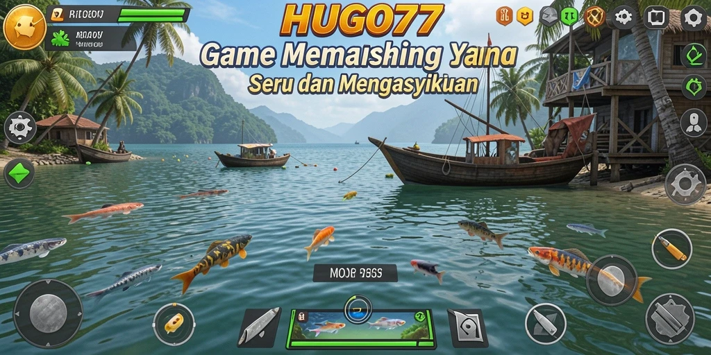 Gameplay HUGO77 menampilkan momen memancing yang seru dan mendebarkan.