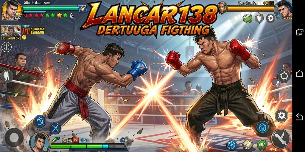 Tampilan gameplay LANCAR138 dengan aksi pertarungan yang dramatis dan karakter unik.
